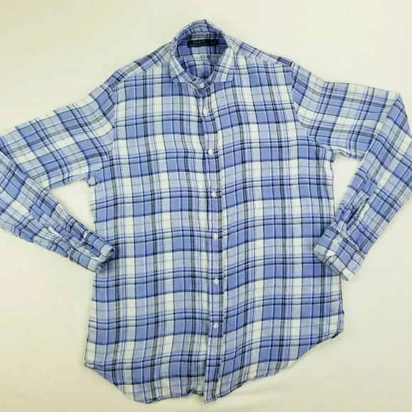 Polo Ralph Lauren Medium Linen Men's Spread Collar Blue White Black Plaid/Check - Picture 1 of 7